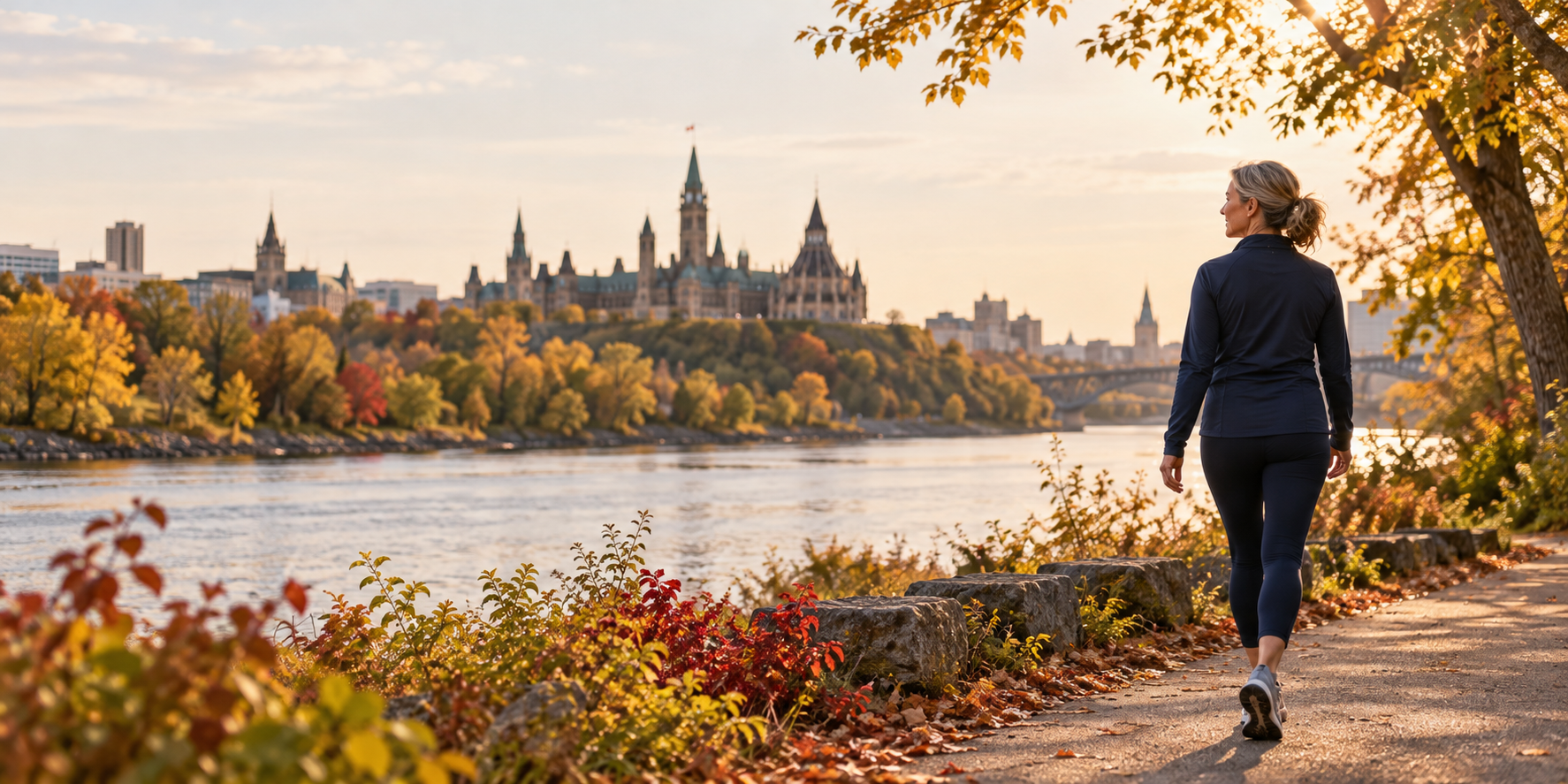 Illustrative image of a woman enjoying a walk beside a river